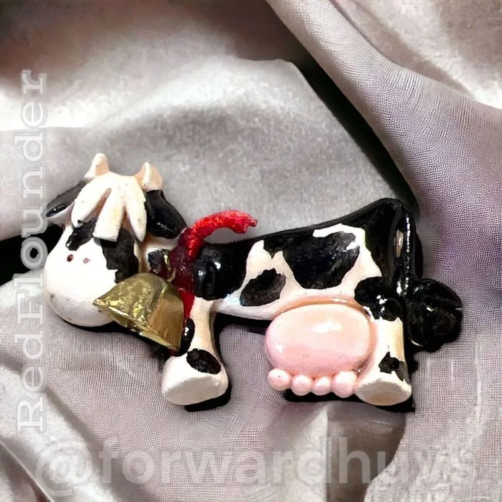 Vintage Black and White Spotted Cow Brooch with Bell